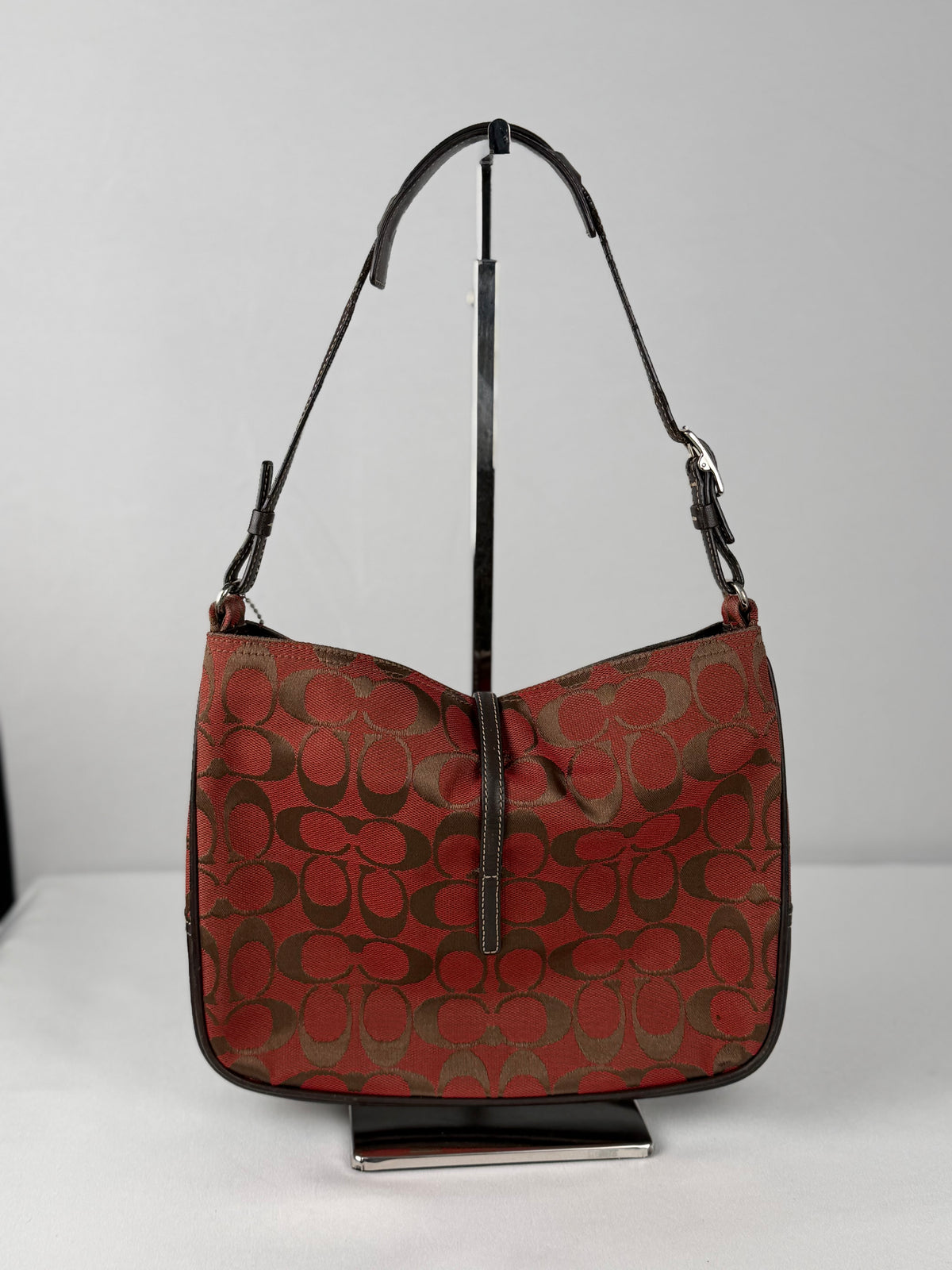 Coach 6091 Hampton Clip Signature Red/Brown Monogram Shoulder Bag Leather Trim