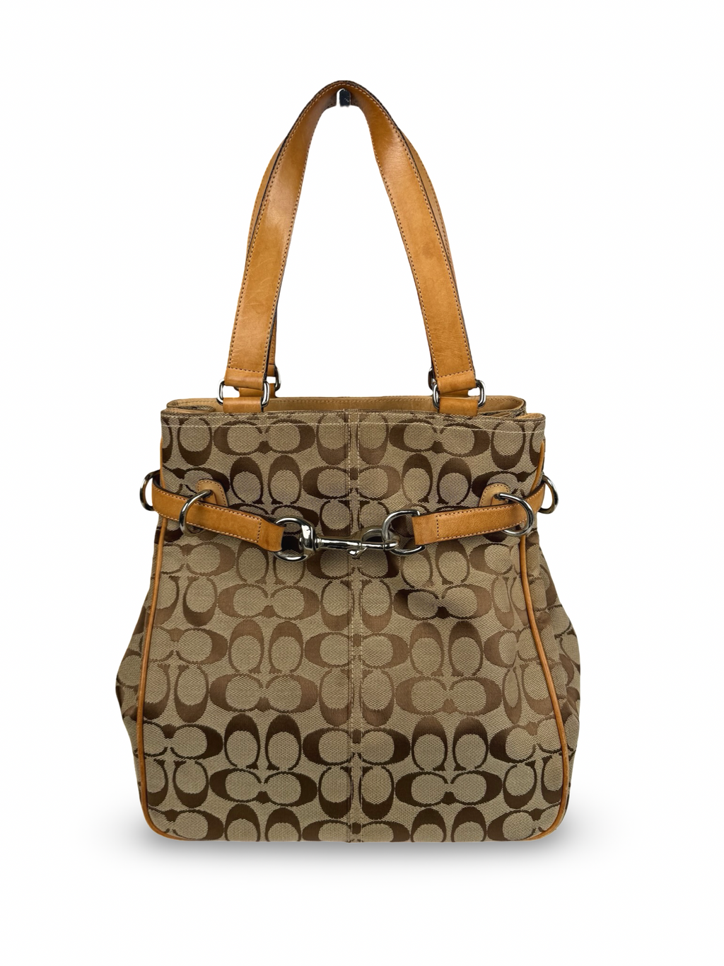 Coach 6352 Signature Brown Monogram Shoulder Bag Tan Leather Trim