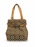 Coach 6352 Signature Brown Monogram Shoulder Bag Tan Leather Trim