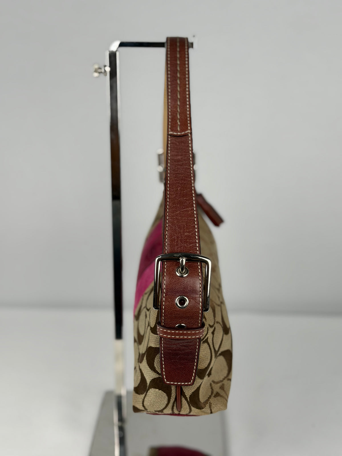 Coach 7039 Signature Brown Monogram Pink Suede Striped Detail Baguette Shoulder Bag