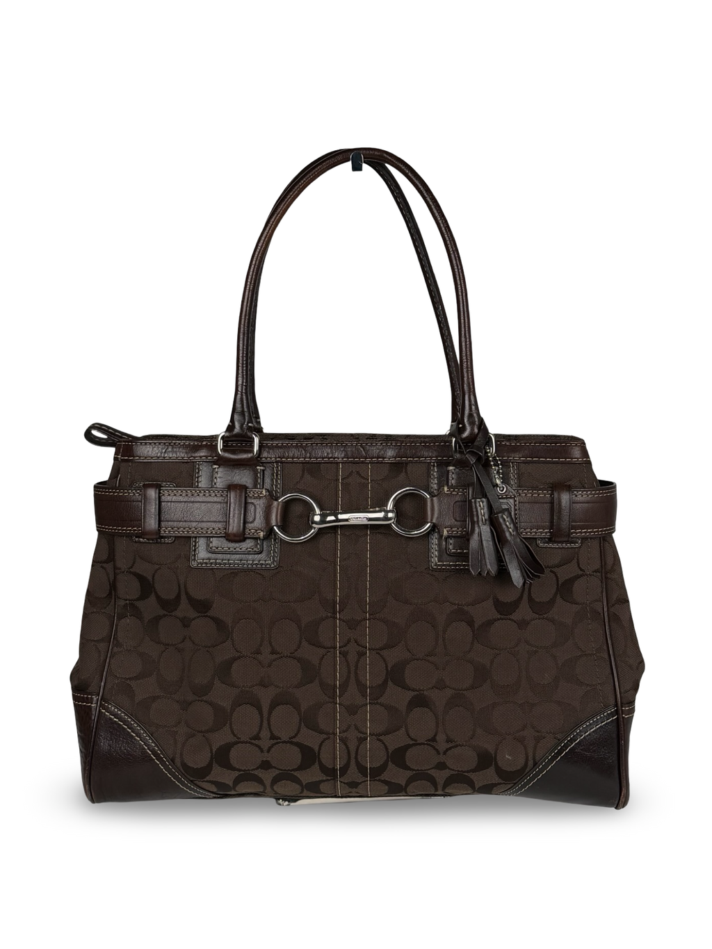 Coach 10246 Hampton Clip Signature Brown Monogram Shoulder Bag Leather Trim