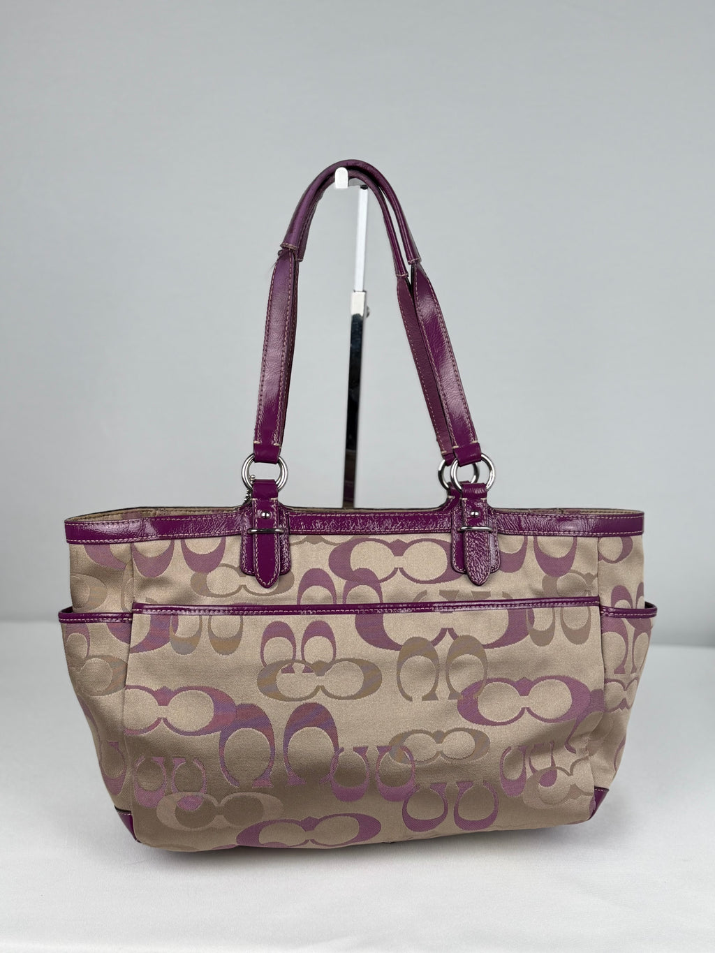 Coach F20444 Gallery Tote Optic Art Pink/Beige/Purple Shoulder Bag Leather Trim