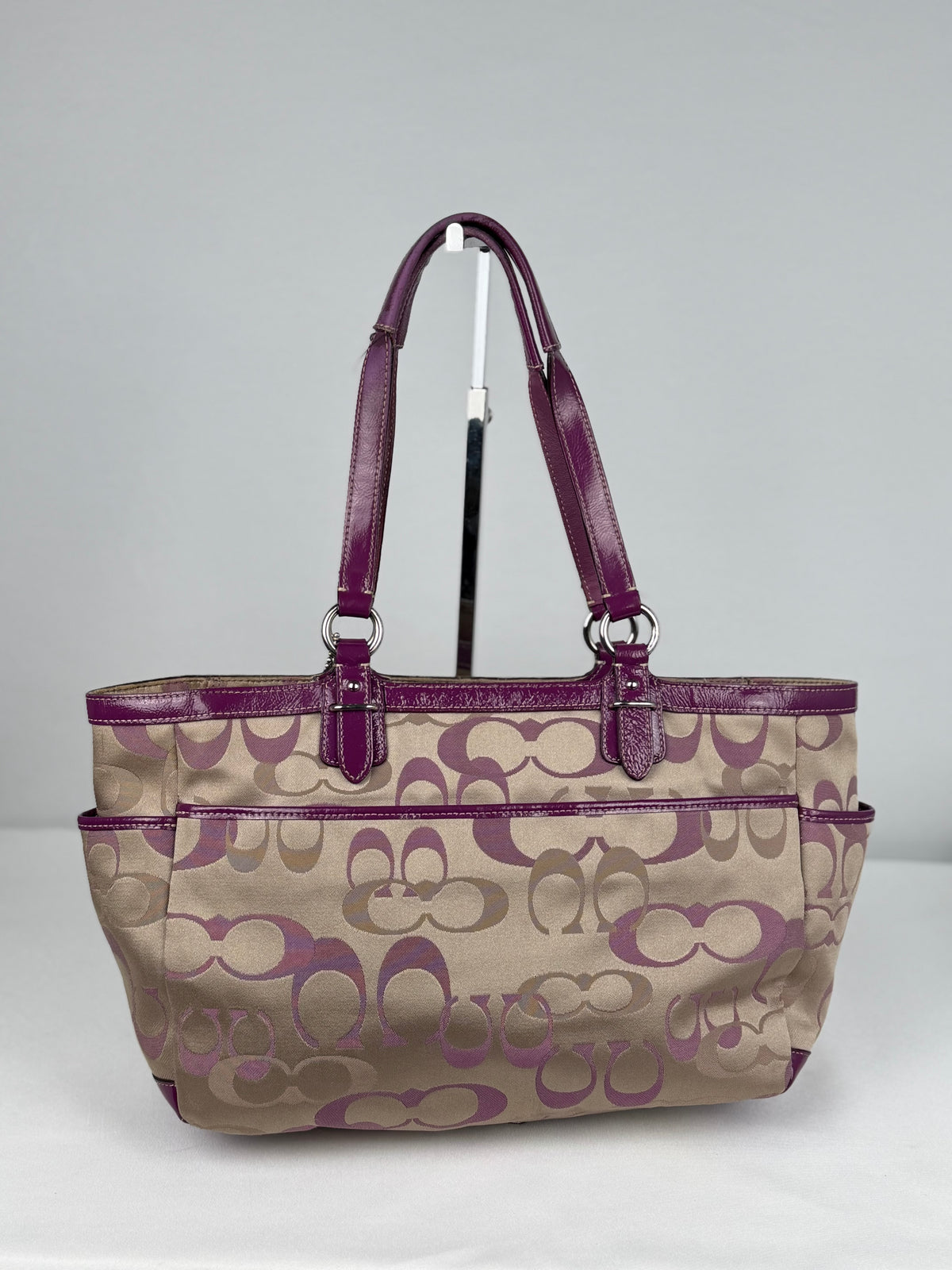 Coach F20444 Gallery Tote Optic Art Pink/Beige/Purple Shoulder Bag Leather Trim