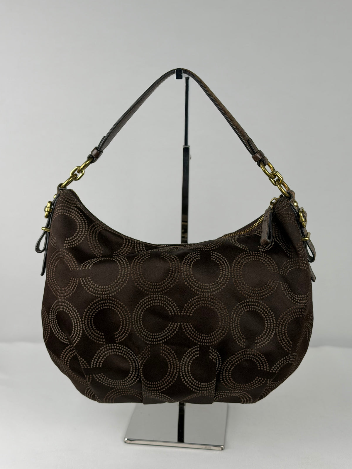 Coach 15929 Op Art Brown Monogram Slouchy Canvas Shoulder Bag Leather Trim