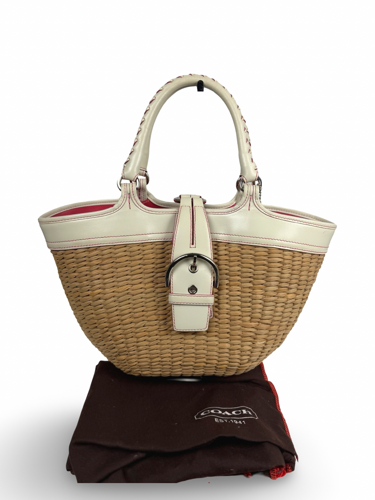 Coach 6271 Large Woven Straw Basket Bag White Leather Trim