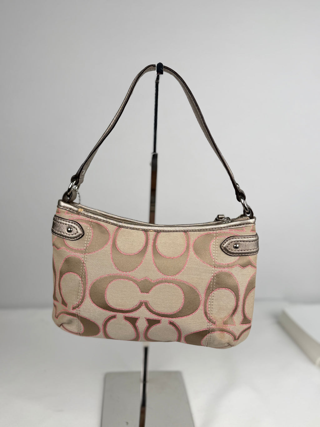 Coach F23946 Daisy Signature Monogram Pink/Beige Shoulder Bag Leather Trim