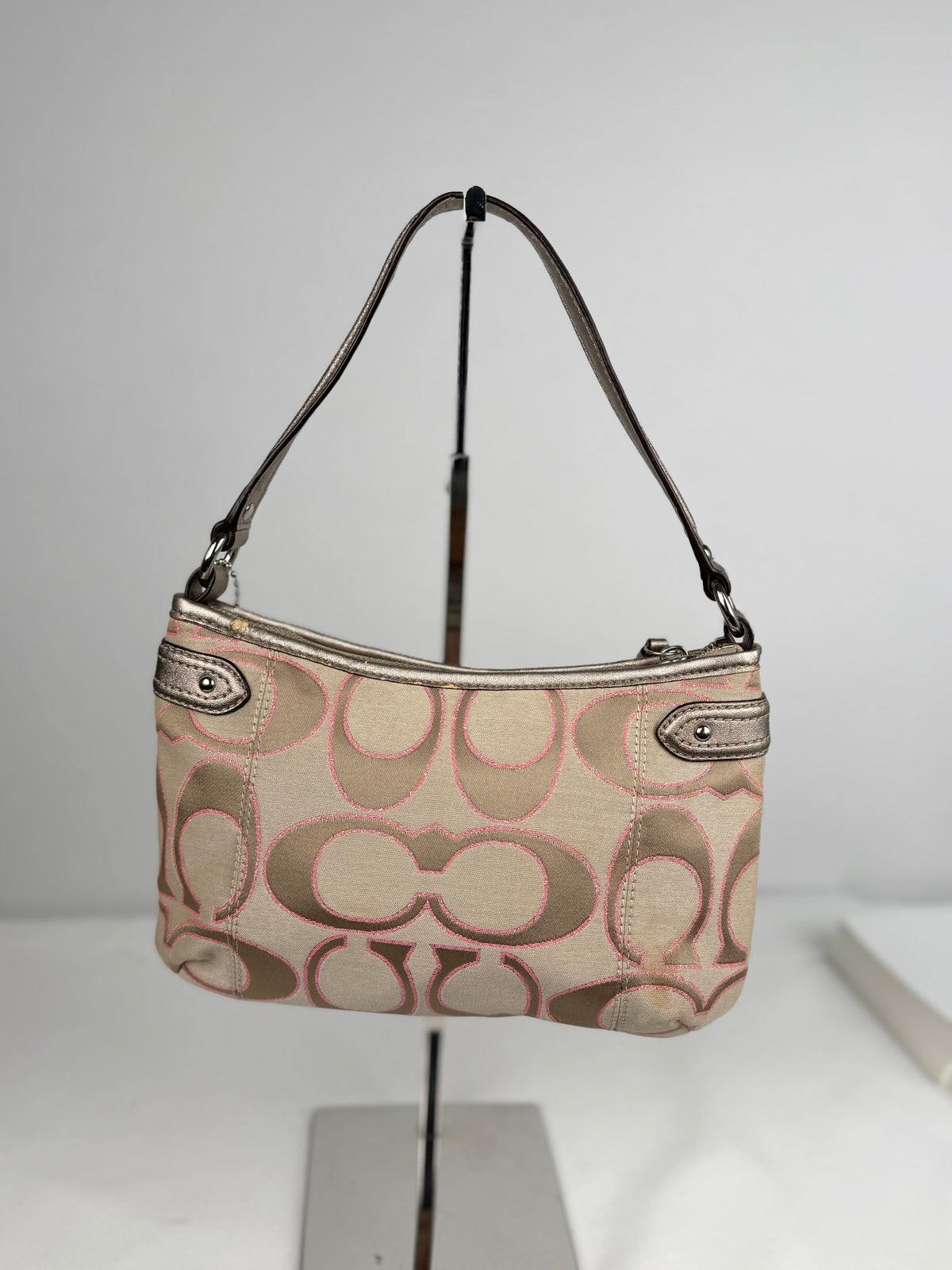 Coach F23946 Daisy Signature Monogram Pink/Beige Shoulder Bag Leather Trim