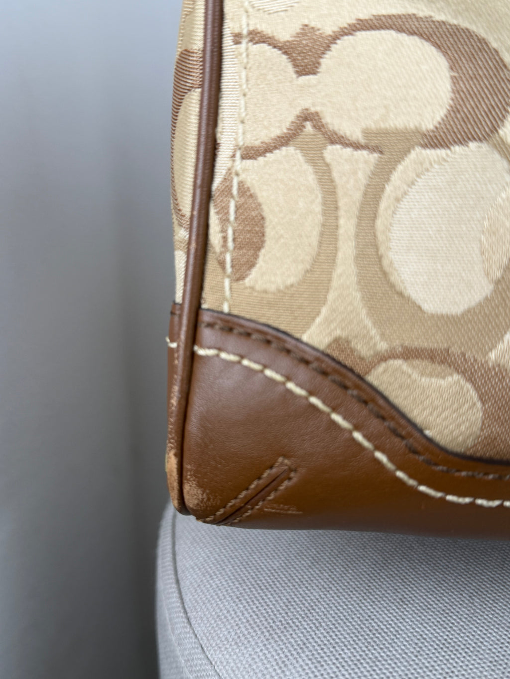 Coach 10777 Brown/Beige Optic Art Monogram Boston Shoulder Bag Brown Leather Trim