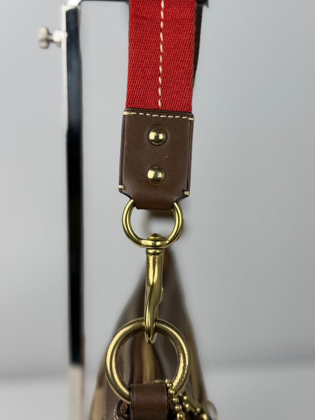 Coach 10120 Signature Brown/Red Monogram Shoulder Bag Leather Trim