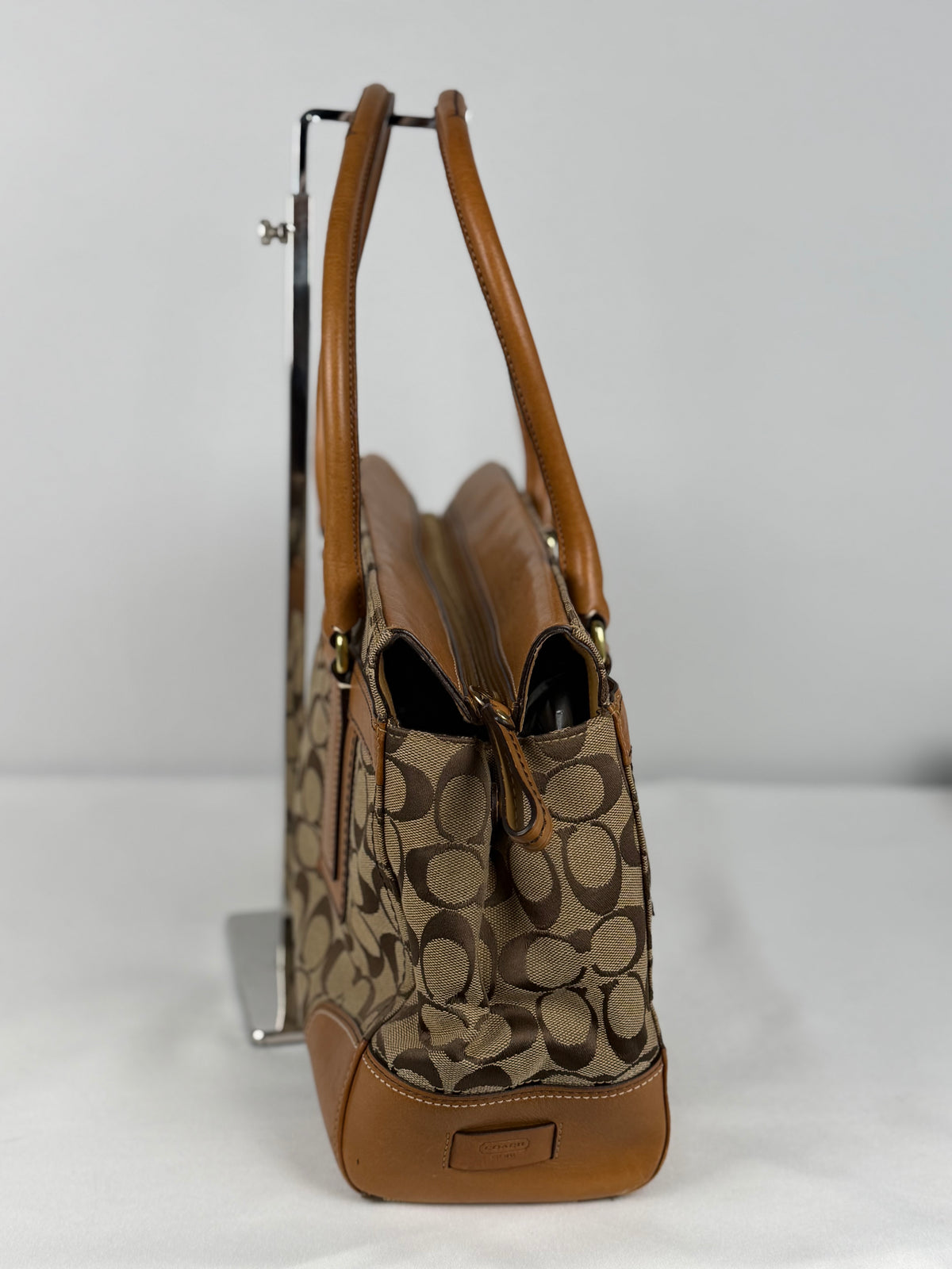 Coach 11063 Hampton Turnlock Signature Brown Monogram Shoulder Bag Leather Trim