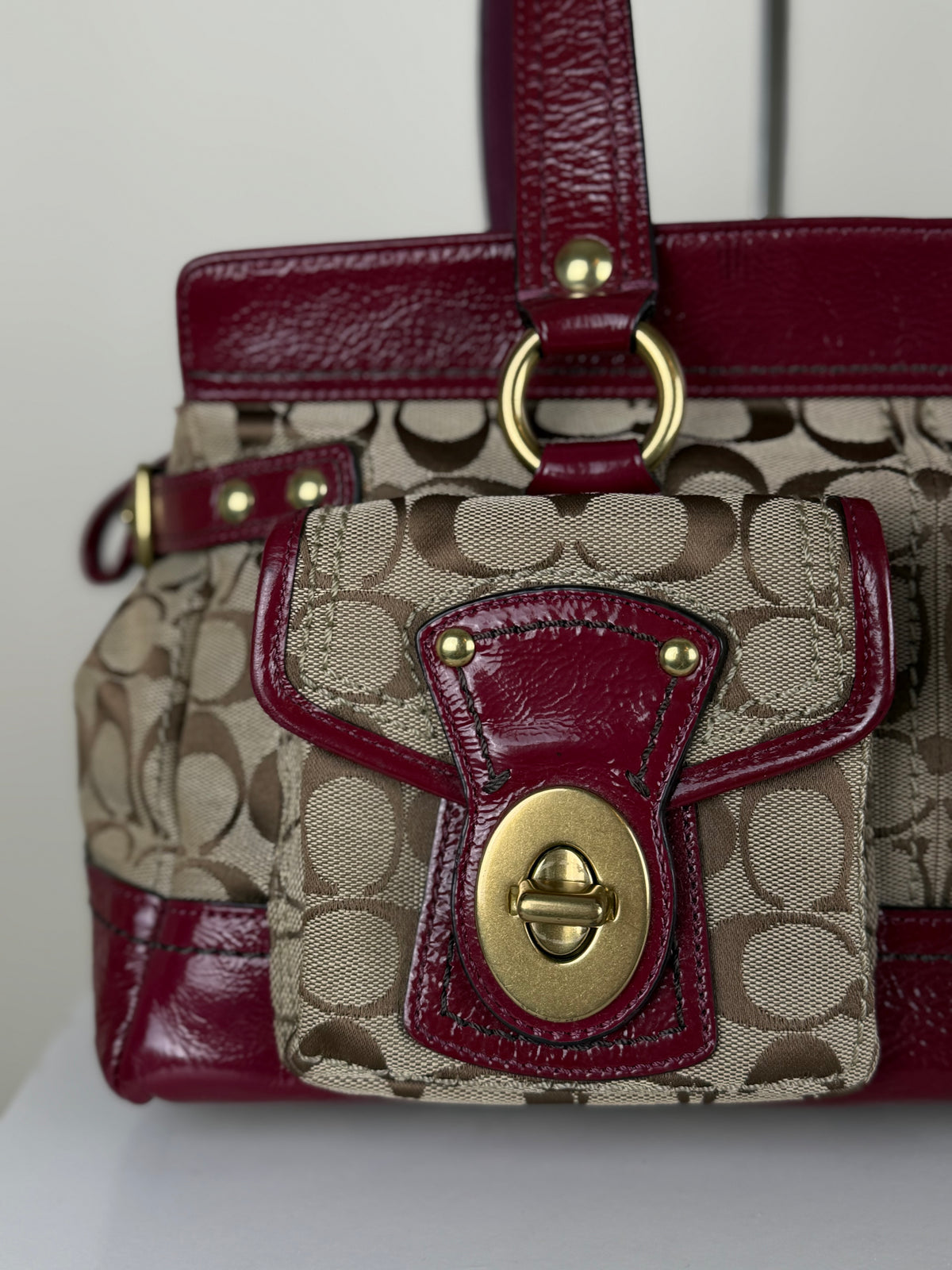 Coach F13131 Legacy Rare Turnlock Double Pocket Signature Brown Monogram Shoulder Bag Red Patent Leather Trim