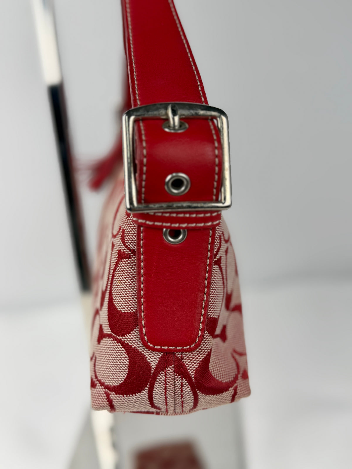 Rare Coach 6371 Signature Red Baguette Shoulder Bag Leather Trim