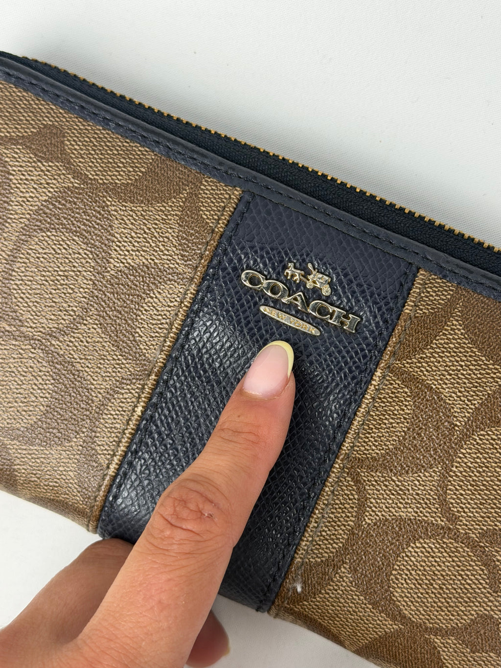 Coach F52589 Signature Brown Monogram Navy Trim Purse
