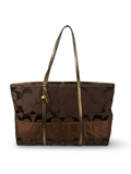 Coach F11099 Signature Chocolate Brown Monogram Shoulder Tote Bag Leather Trim