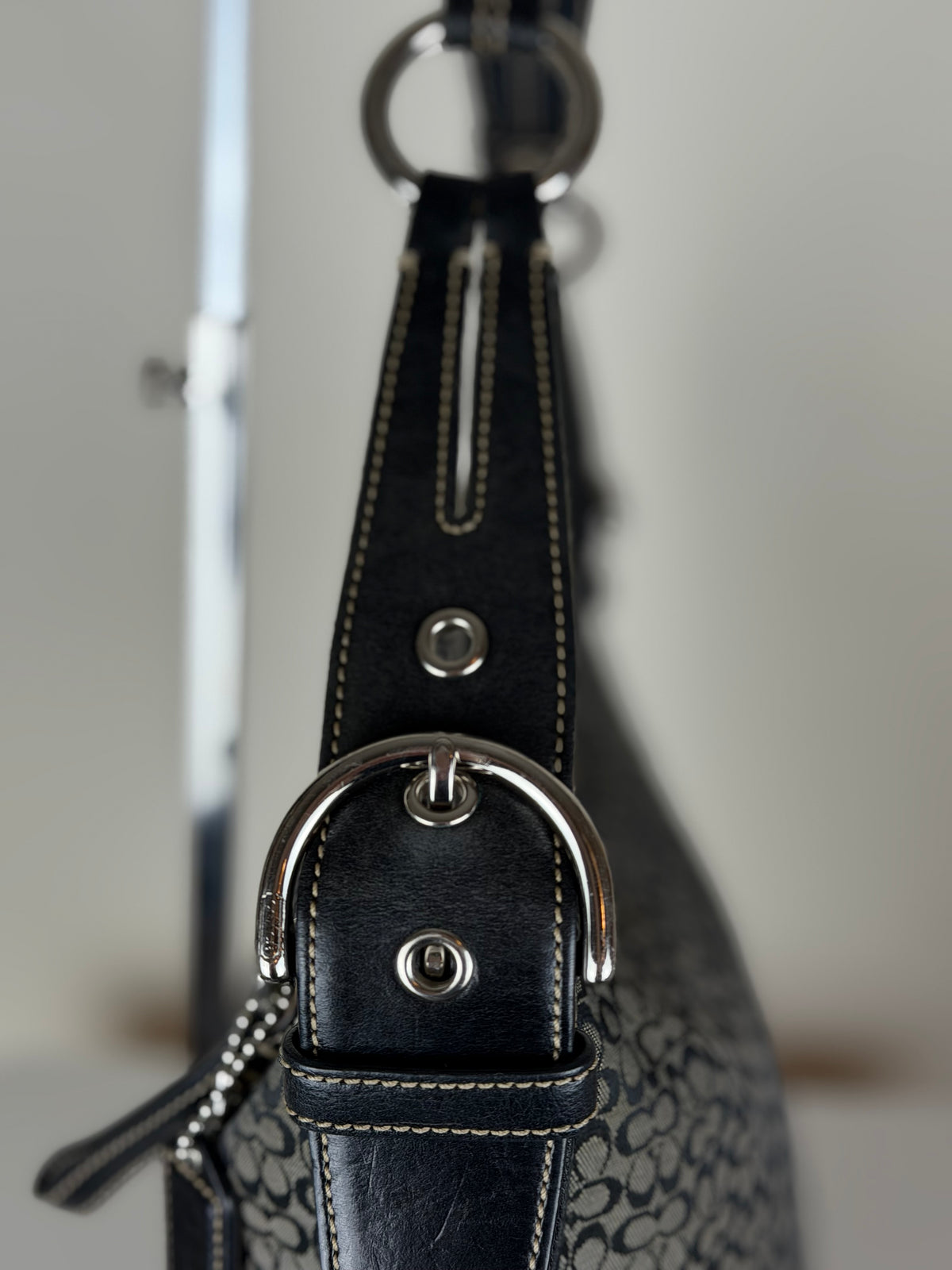 Coach 1461 Black and Grey Signature Monogram Hobo Shoulder Bag Leather Trim