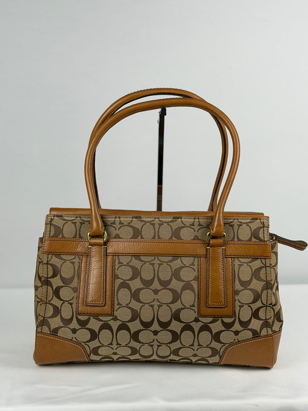 Coach 11063 Hampton Turnlock Signature Brown Monogram Shoulder Bag Leather Trim