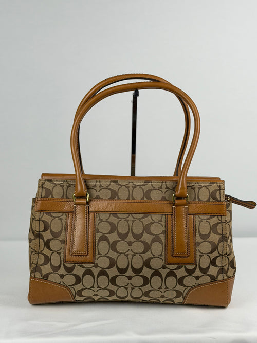 Coach 11063 Hampton Turnlock Signature Brown Monogram Shoulder Bag Leather Trim