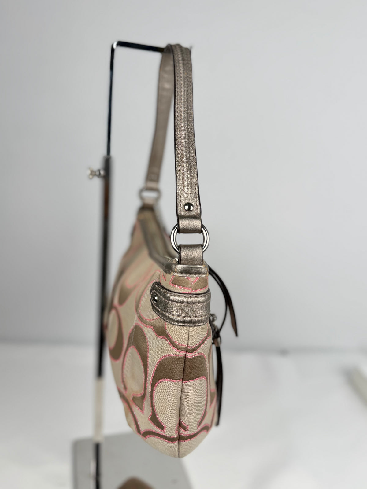 Coach F23946 Daisy Signature Monogram Pink/Beige Shoulder Bag Leather Trim