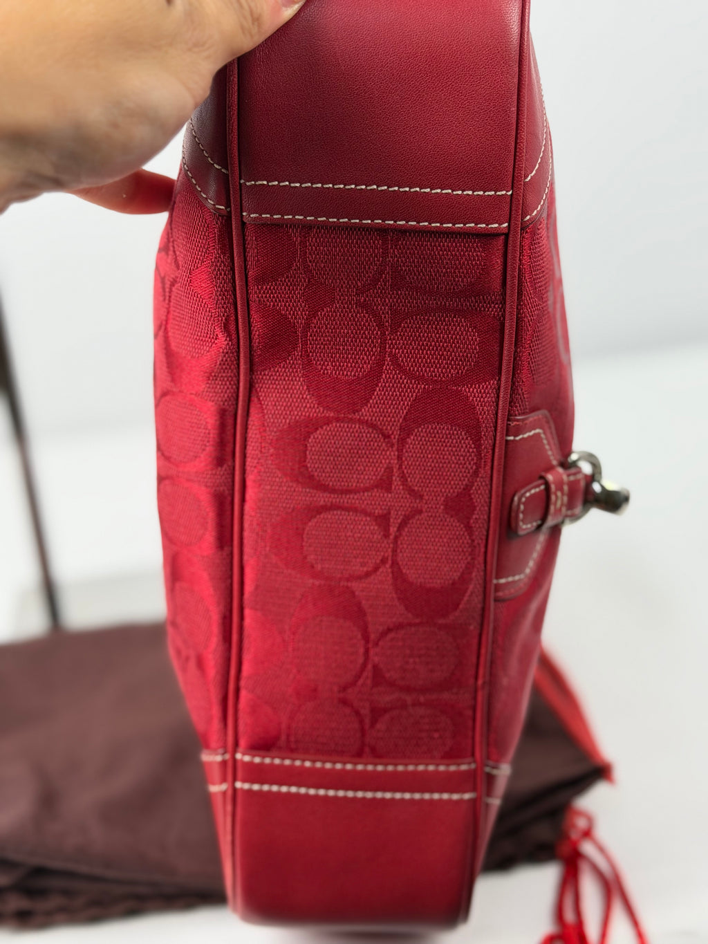 Rare Coach 8K03 Hampton Clip Red Monogram Shoulder Bag Leather Trim