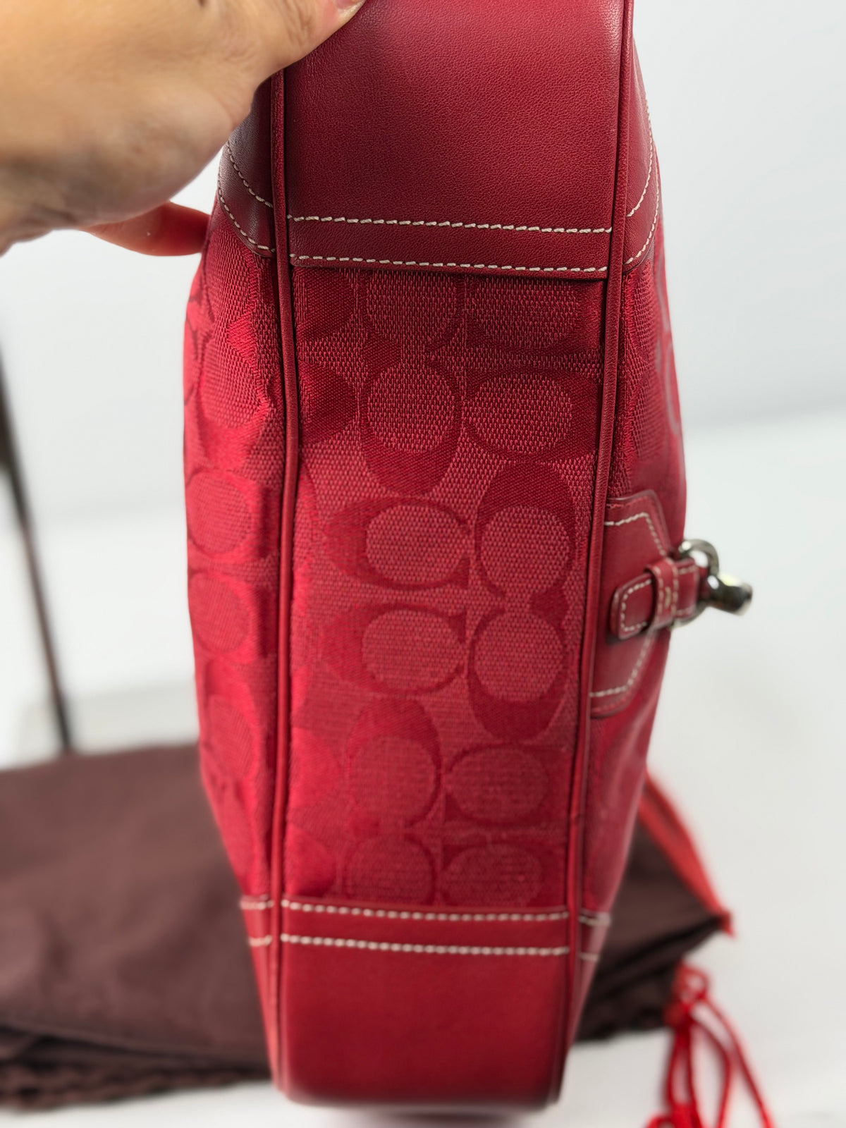 Rare Coach 8K03 Hampton Clip Red Monogram Shoulder Bag Leather Trim