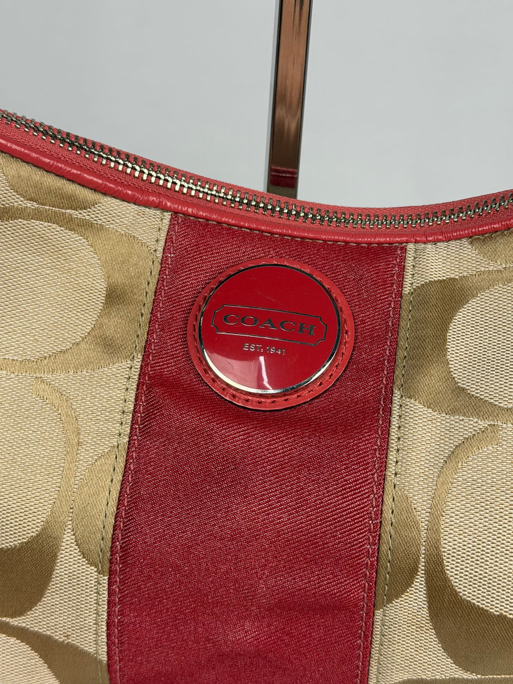 Coach F15111 Signature Beige Monogram Shoulder Bag Red Leather Trim