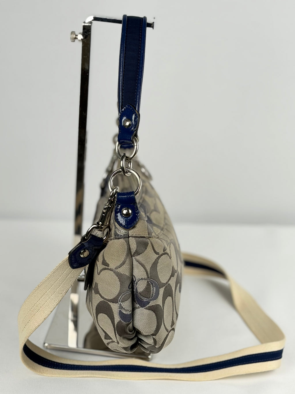 Coach F18756 Poppy Beige Monogram Blue Leather Trim Shoulder Bag