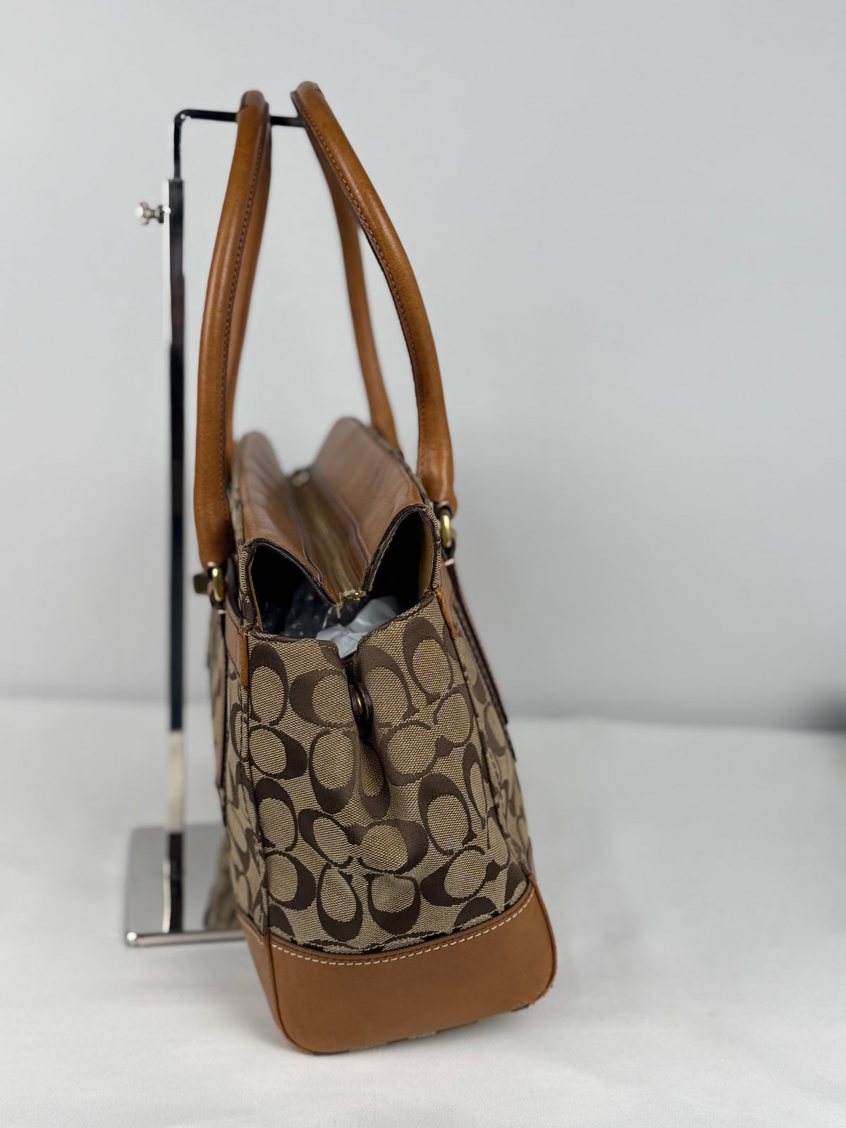Coach 11063 Hampton Turnlock Signature Brown Monogram Shoulder Bag Leather Trim