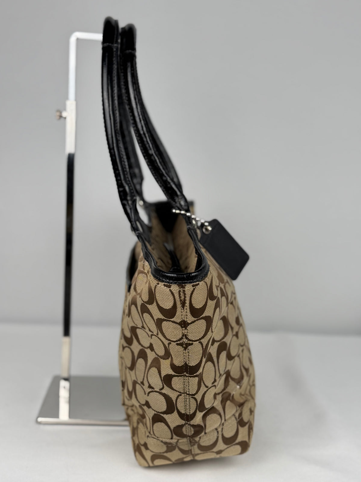 Coach F14385 Bleecker Signature Brown Monogram Tote Shoulder Bag Black Leather Trim