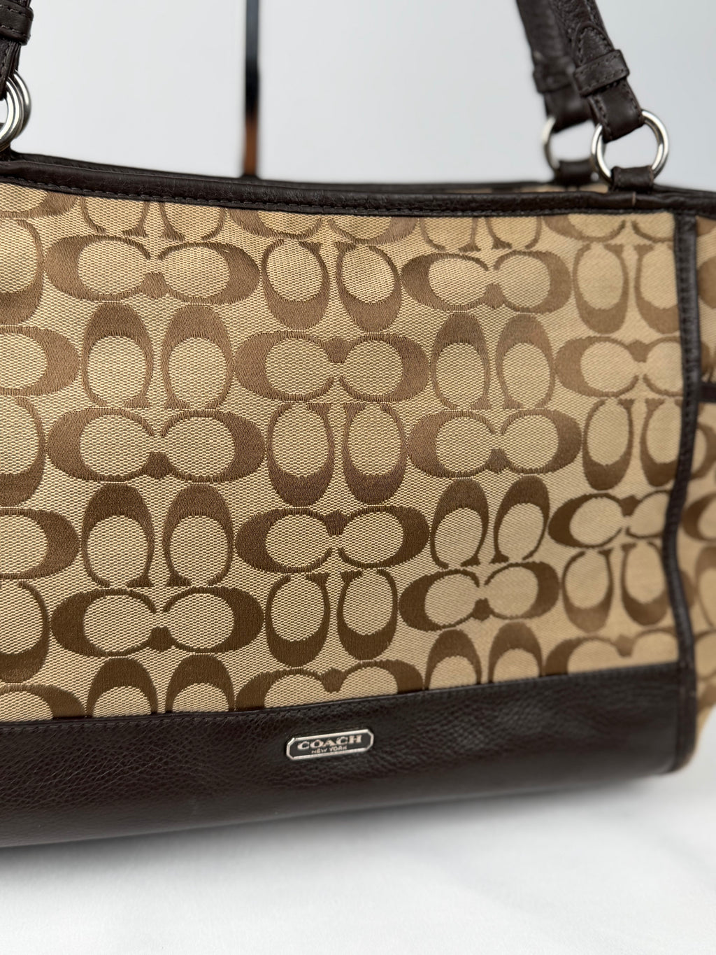 Coach F28728 Signature Brown Monogram Shoulder Bag Leather Trim