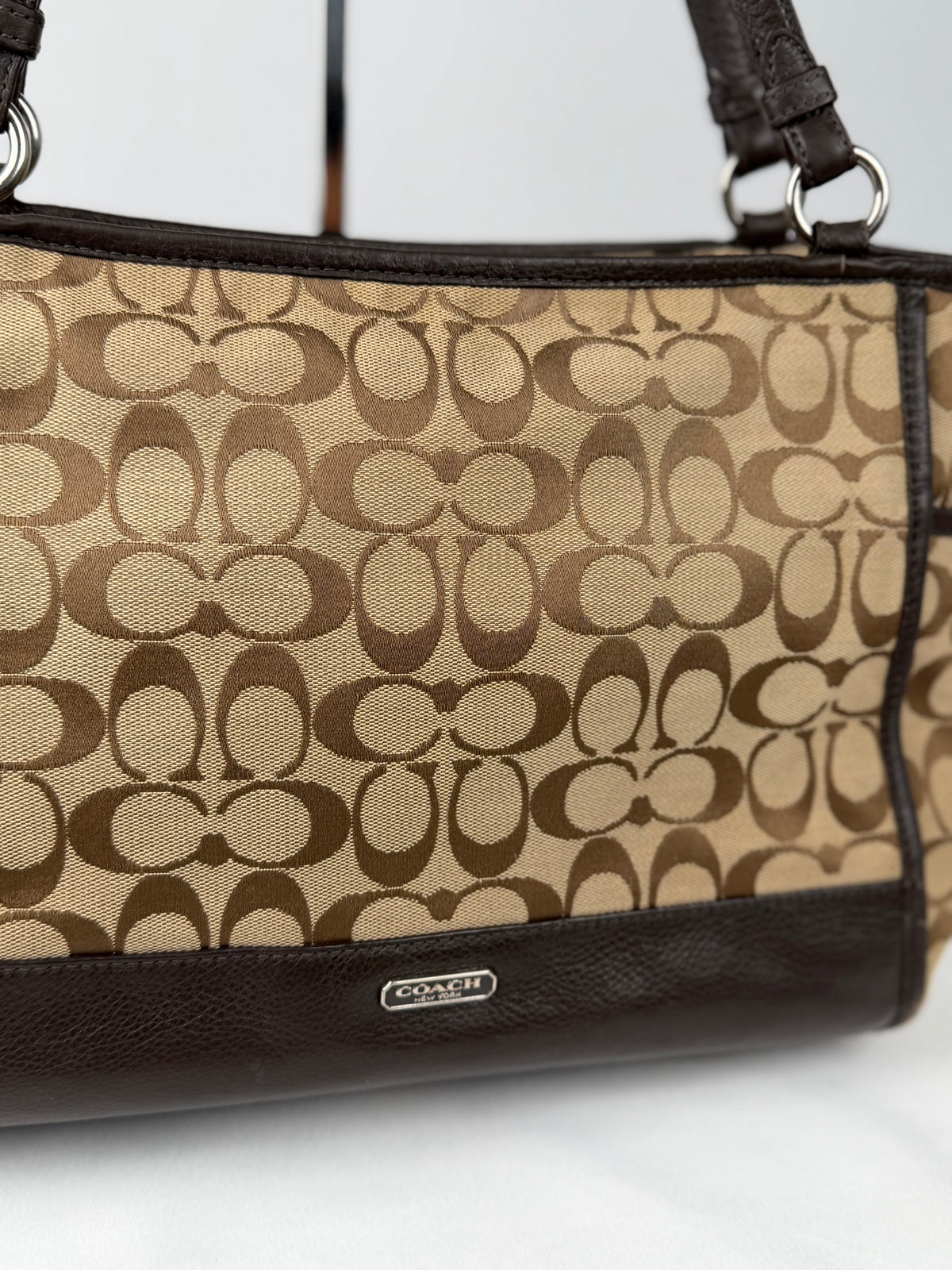 Coach F28728 Signature Brown Monogram Shoulder Bag Leather Trim