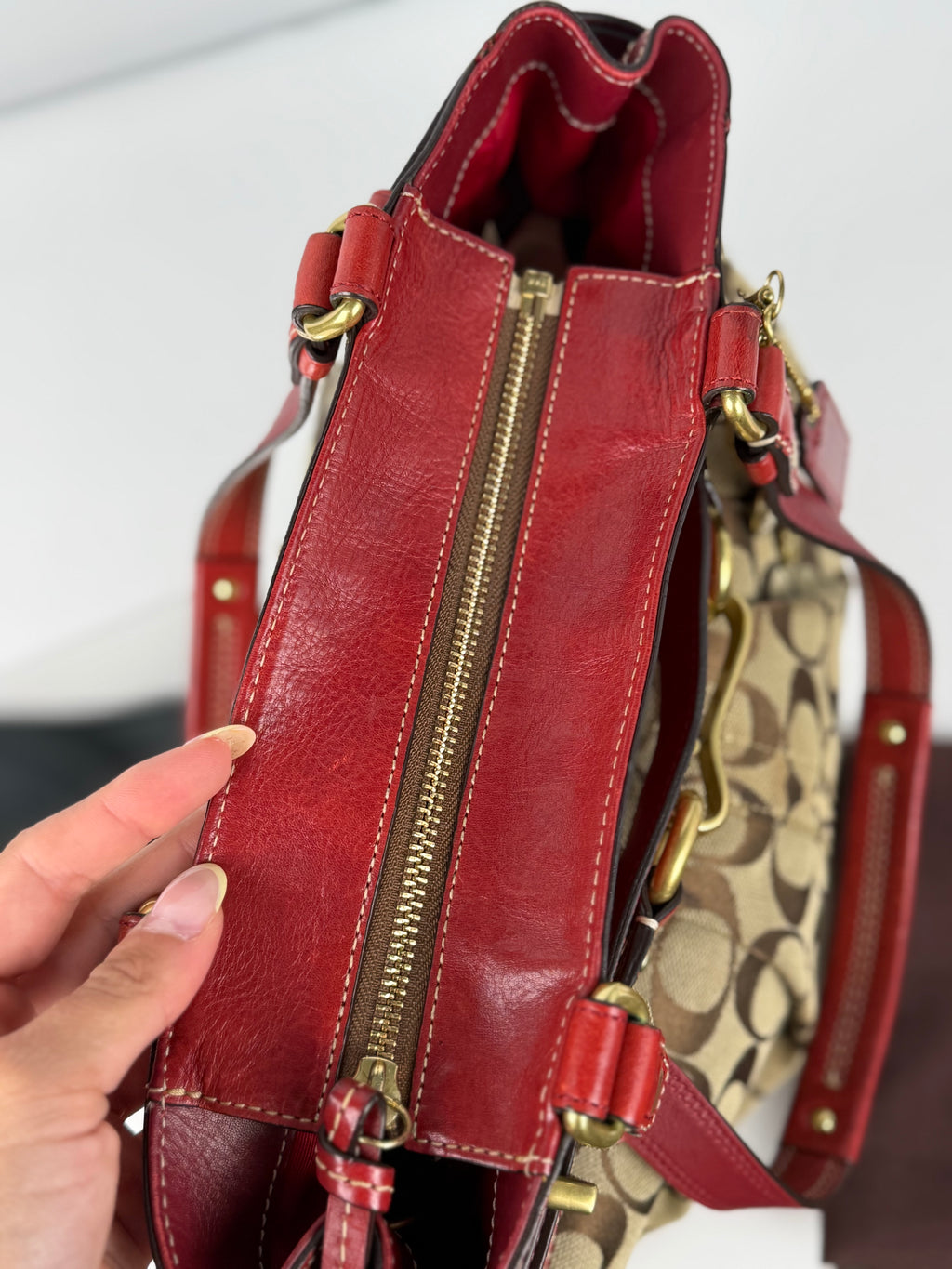 Coach 12467 Signature Brown Monogram Shoulder Bag Red Leather Trim