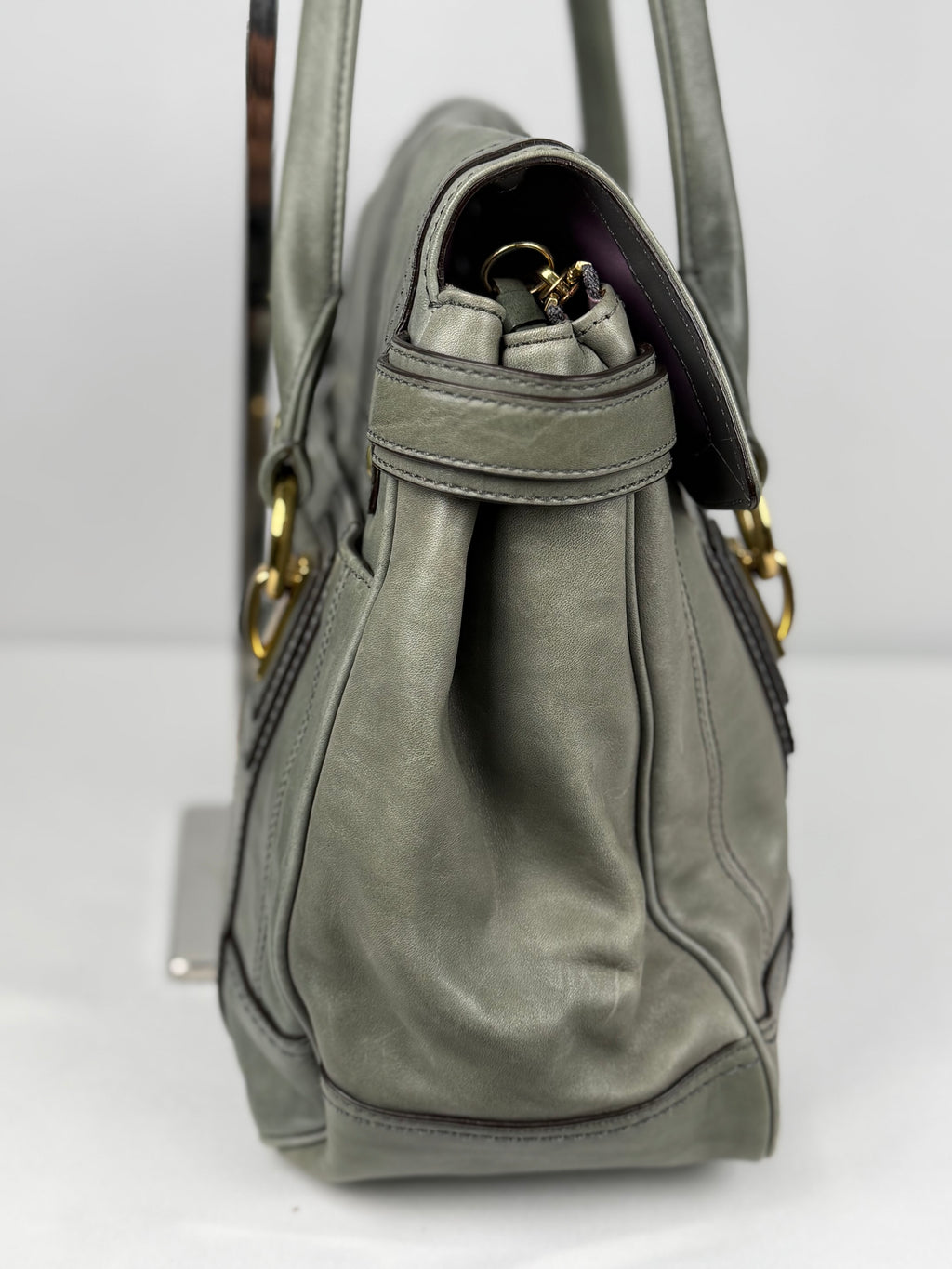 Coach 12442 Rare Hampton Lindsay Turnlock Green/Grey Leather Flap Satchel Shoulder Bag