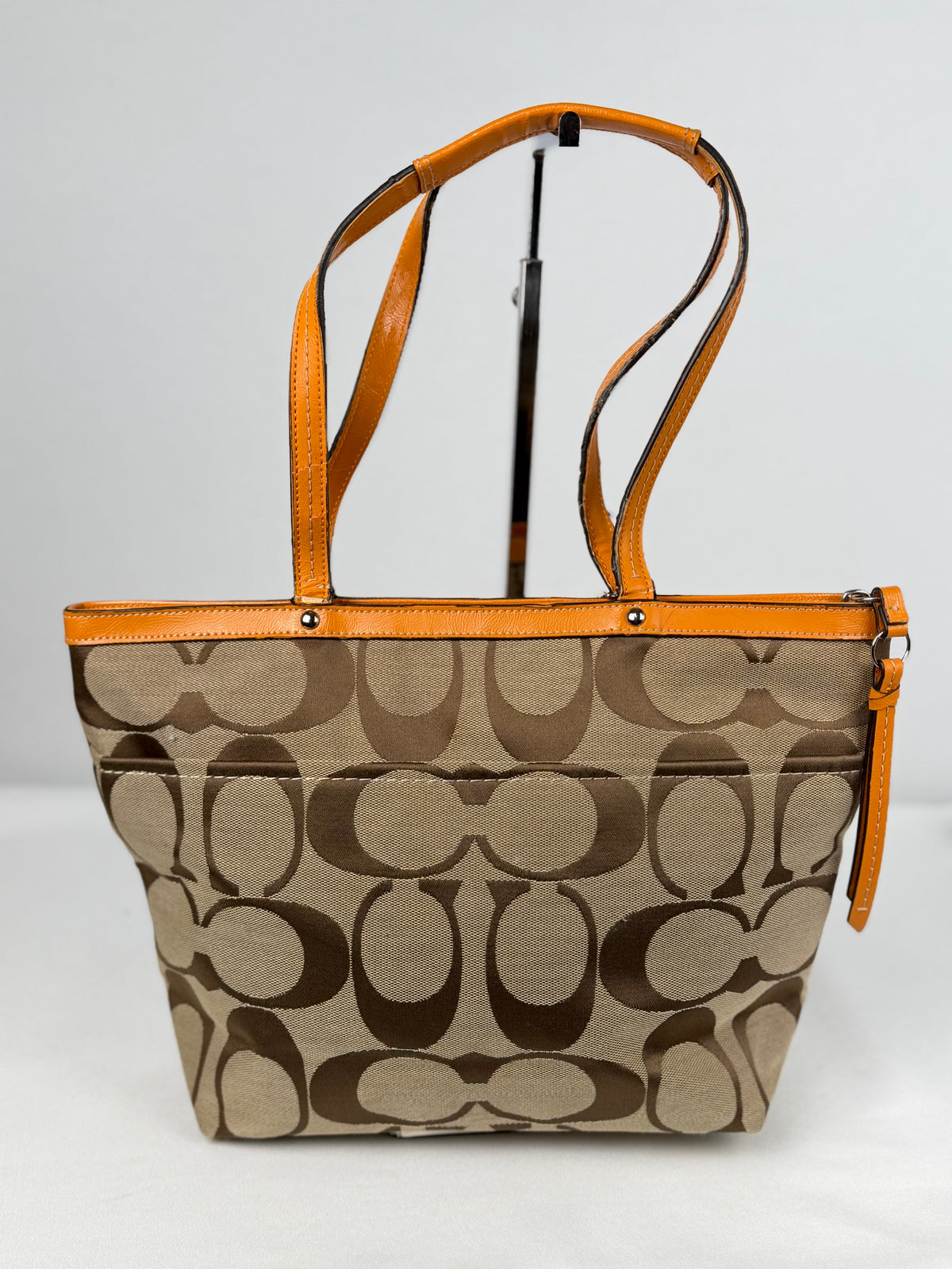 Coach F21950 Signature Orange/Brown Monogram Tote Shoulder Bag Leather Trim