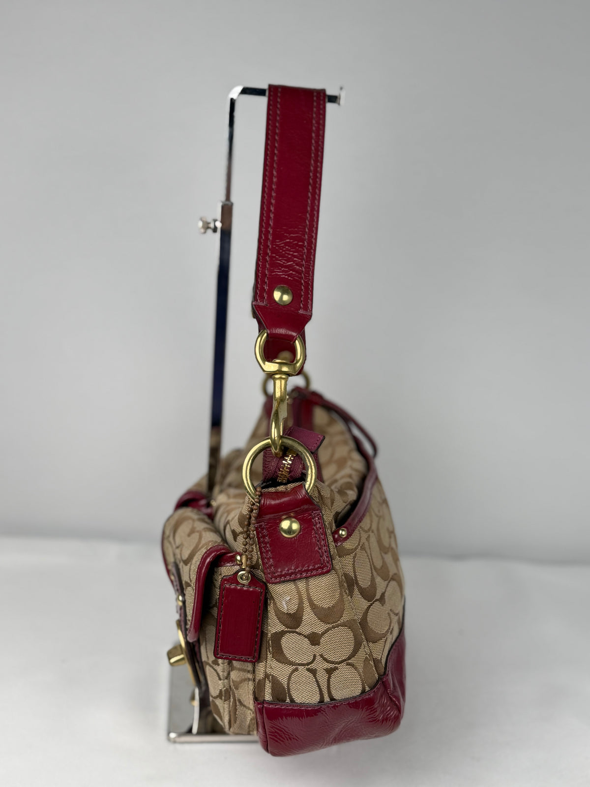 Rare Coach F12869 Legacy Double Pocket Turnlock Shoulder Bag Burgundy Patent Leather Trim