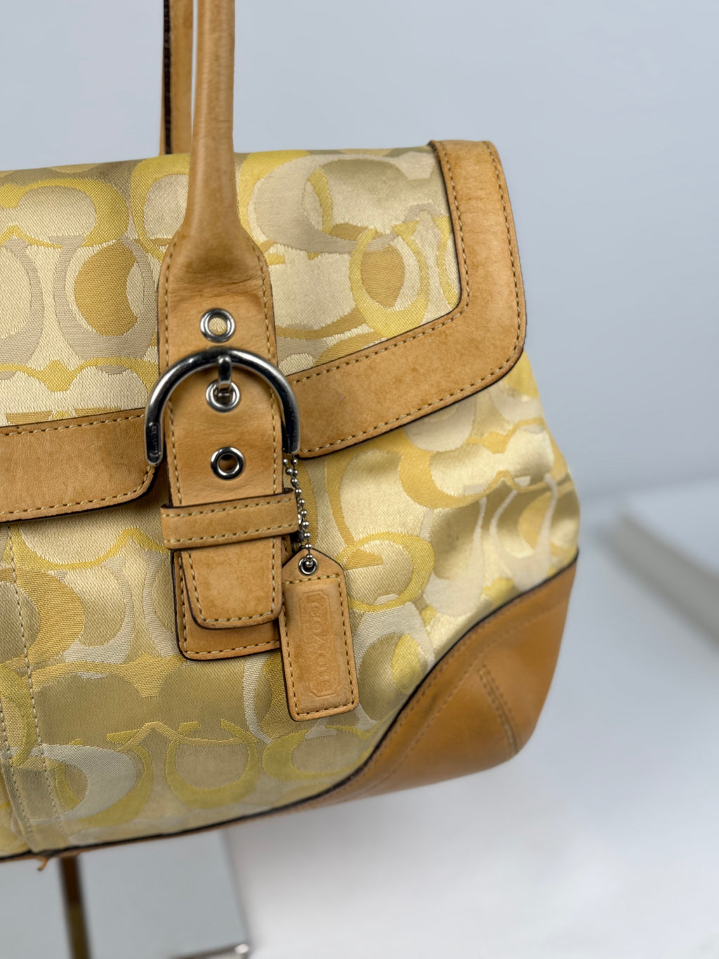Coach 6722 Yellow Op Art Monogram Soho Shoulder Bag Tan Leather Trim
