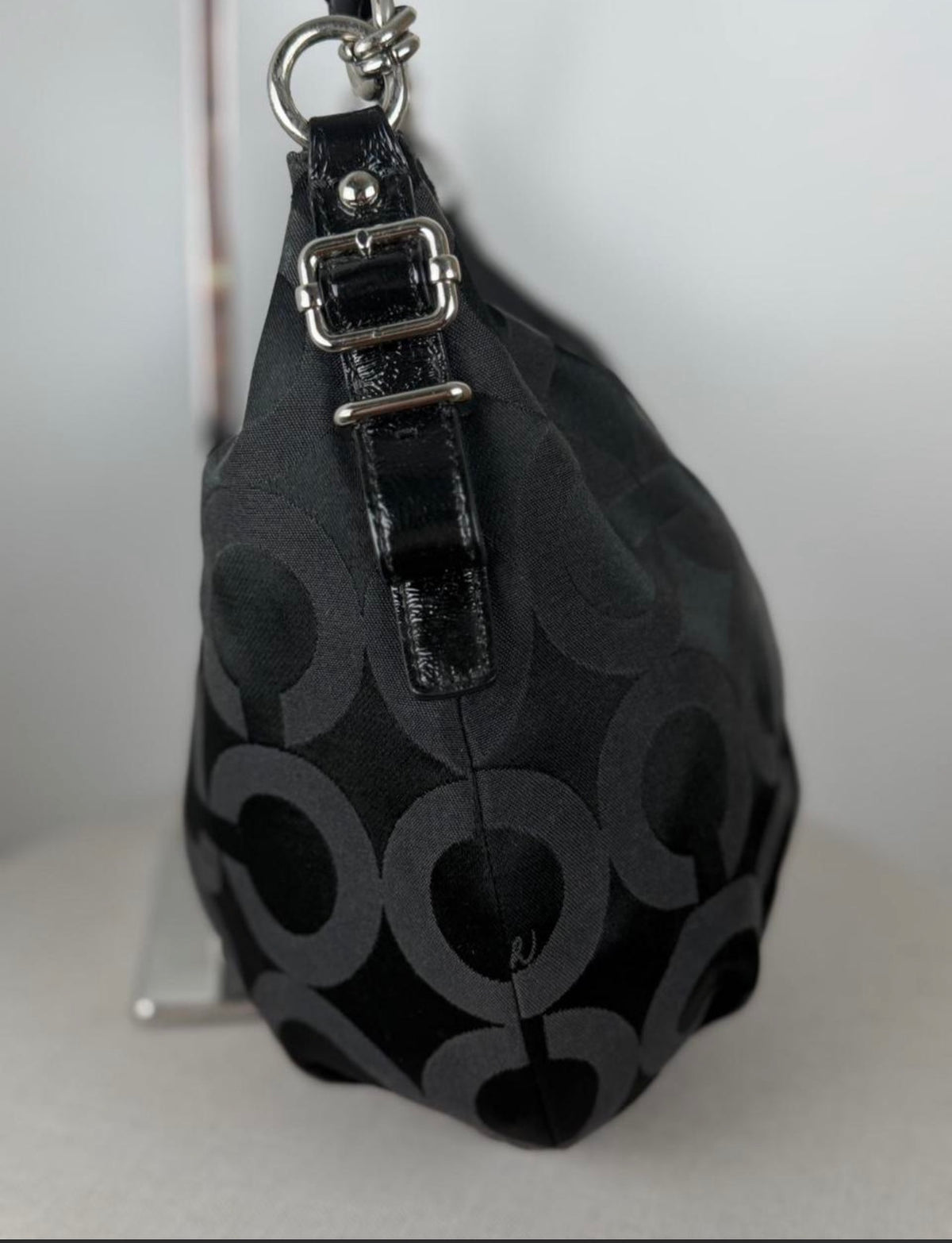 Coach 17694 Signature Black Op Art Monogram Shoulder Bag Leather Trim