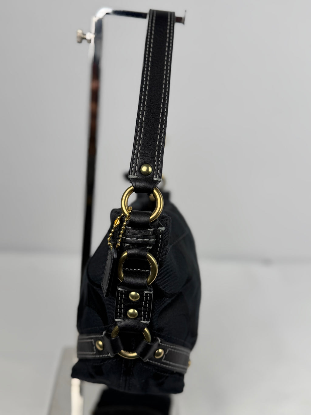 Coach 40347 Carly Mini Signature Black Shoulder Bag Leather Trim