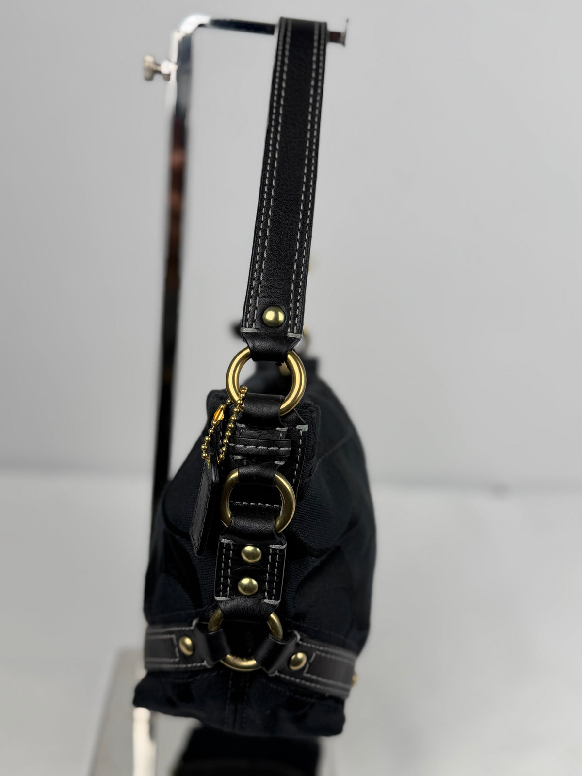 Coach 40347 Carly Mini Signature Black Shoulder Bag Leather Trim