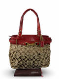 Coach 12467 Signature Brown Monogram Shoulder Bag Red Leather Trim