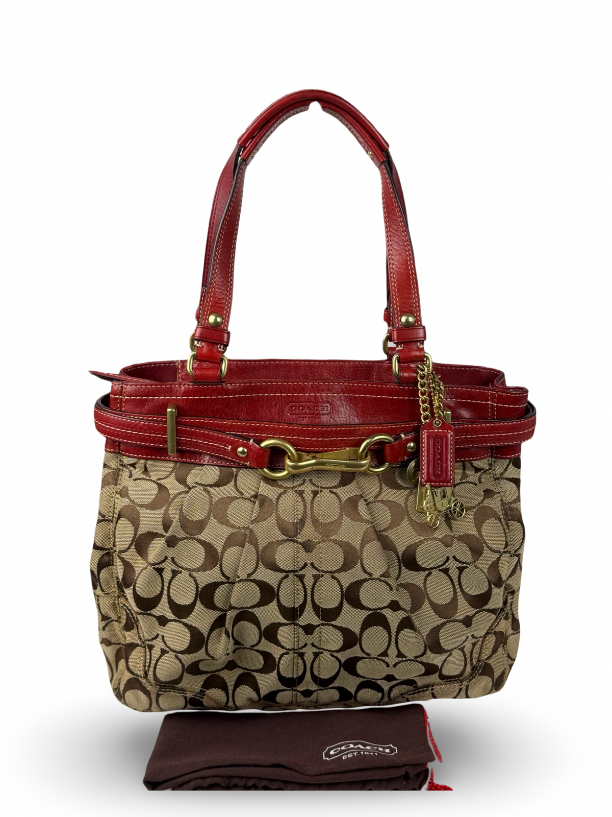 Coach 12467 Signature Brown Monogram Shoulder Bag Red Leather Trim