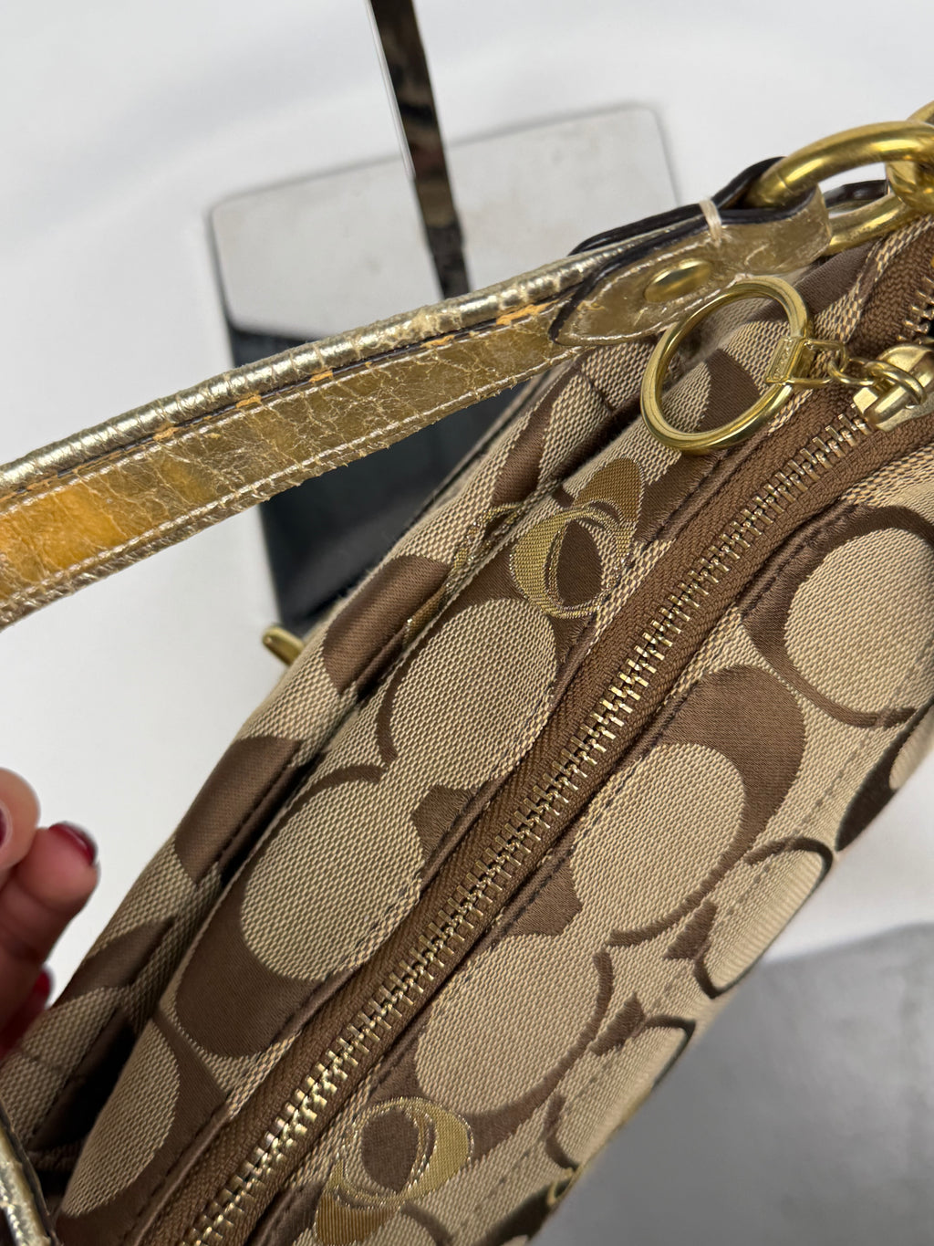 Coach F18756 Signature Brown Turnlock Shoulder Bag Leather Trim
