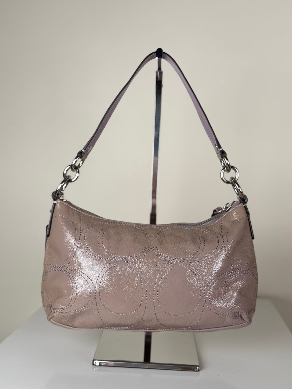 Coach F15141 Monogram Embossed Purple Patent Leather Shoulder Bag with Detachable Crossbody Strap