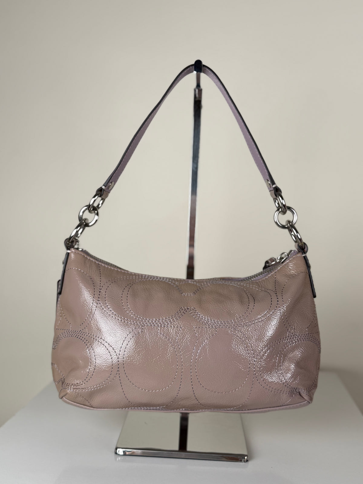 Coach F15141 Monogram Embossed Purple Patent Leather Shoulder Bag with Detachable Crossbody Strap