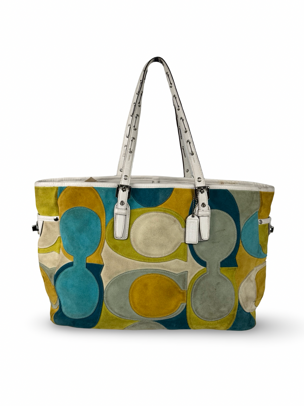 Coach 3682 Rare Yellow/Green/Blue Suede Patchwork Shoulder Bag White Leather Trim