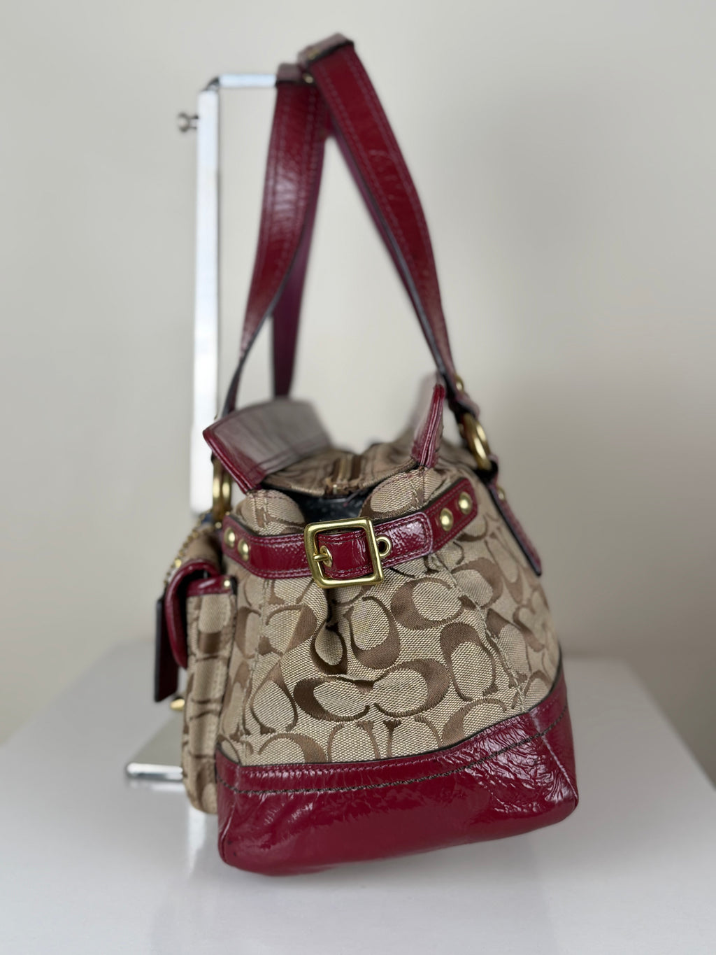 Coach F13131 Legacy Rare Turnlock Double Pocket Signature Brown Monogram Shoulder Bag Red Patent Leather Trim