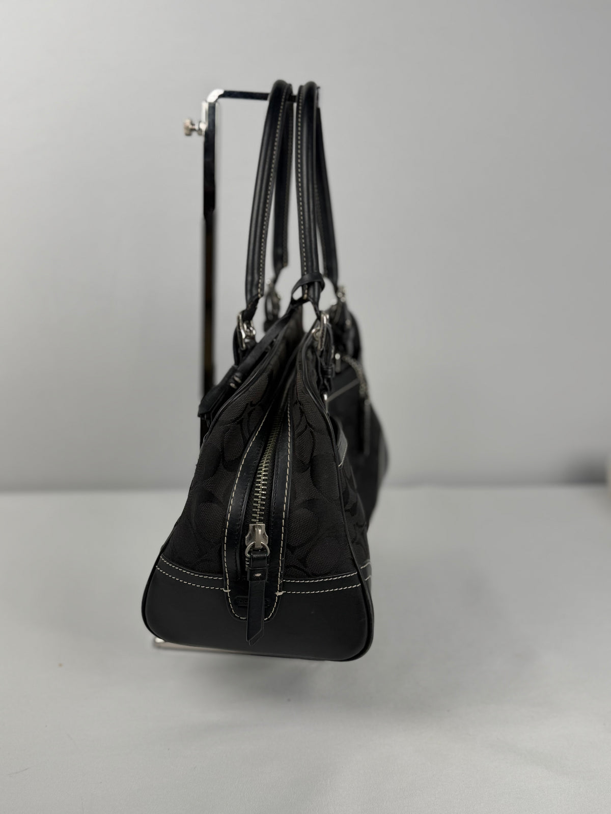 Coach 8K05 Mini Boston Signature Black Monogram Shoulder Bag Leather Trim