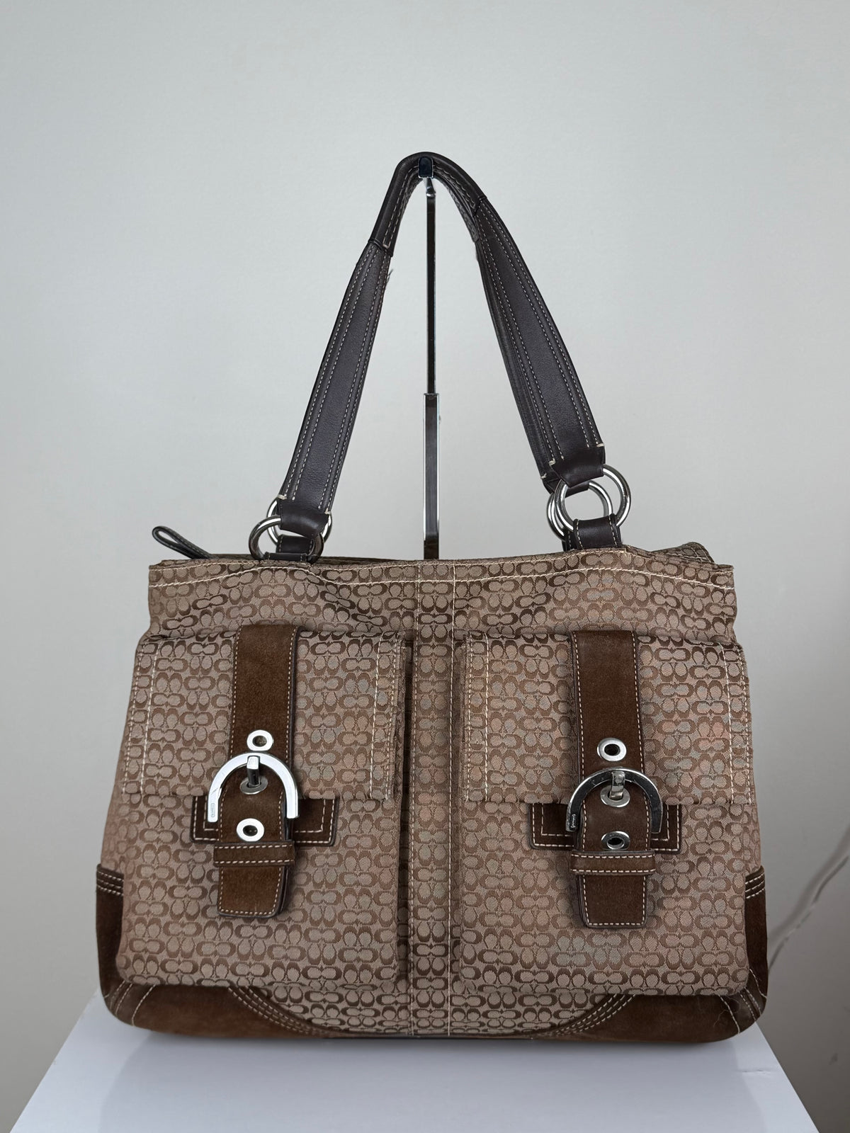 Coach F13740 Signature Brown Monogram White Leather Trim Hobo Shoulder Bag