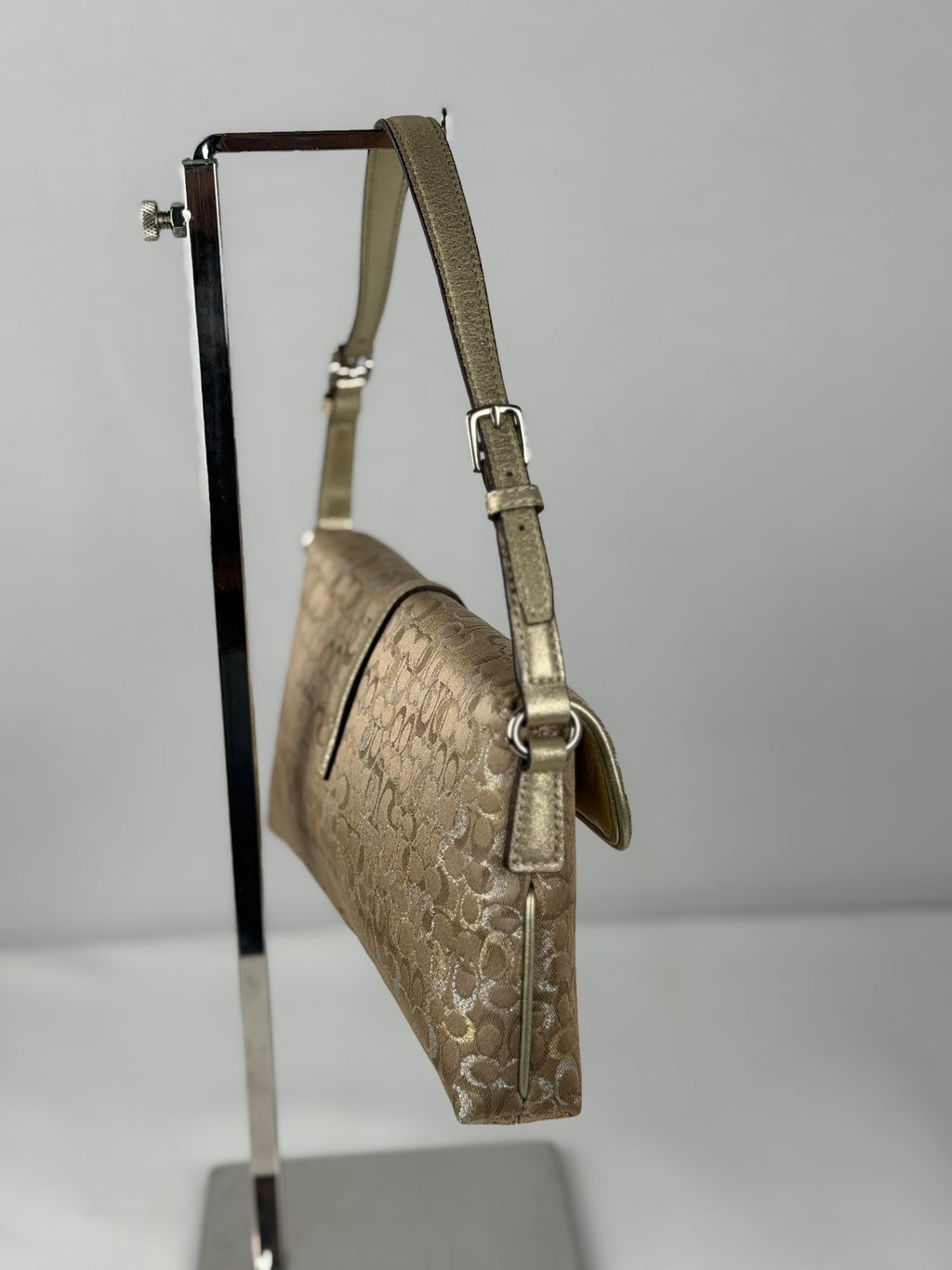 RARE Coach 3595 Demi Clip Brown/Gold Sparkly Monogram Shoulder Bag Leather Trim