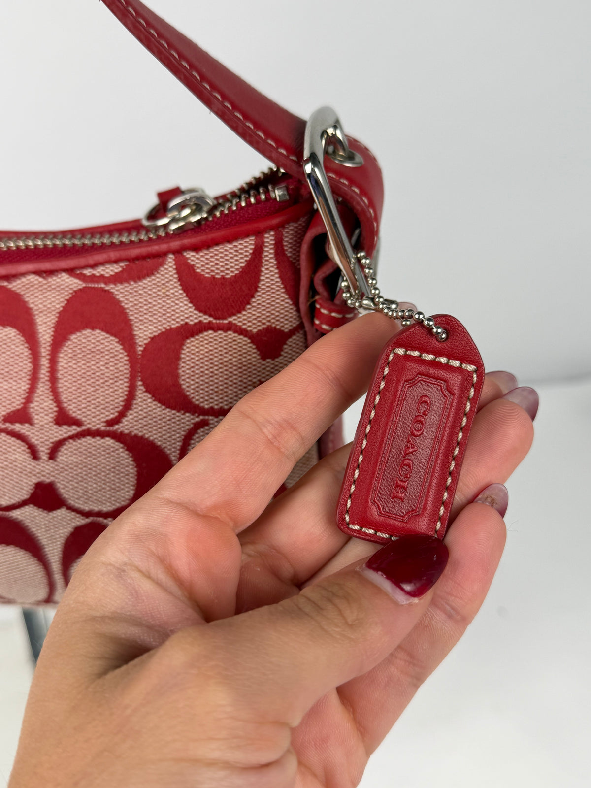 Rare Coach 6371 Signature Red Baguette Shoulder Bag Leather Trim