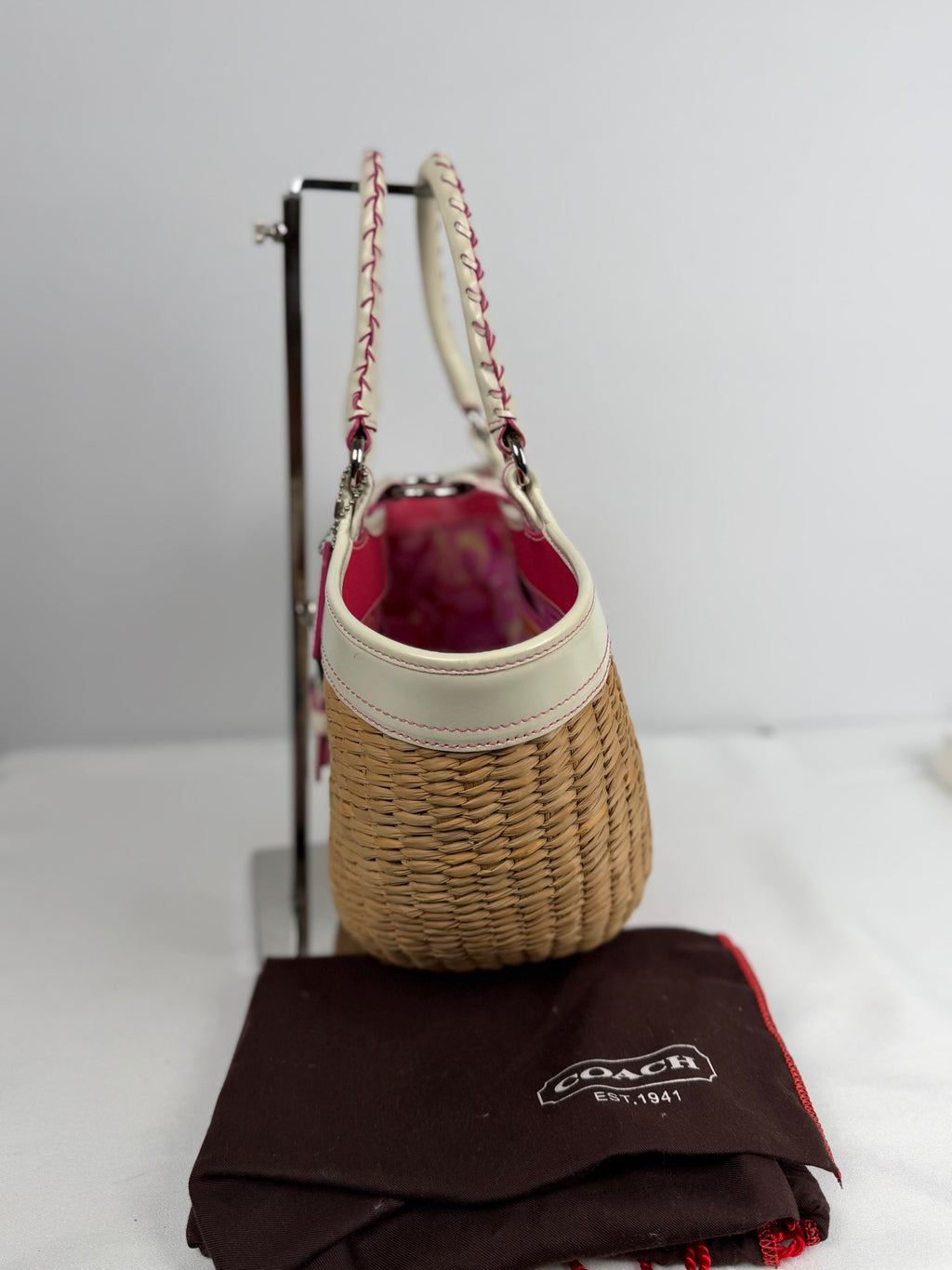 Coach 6271 Large Woven Straw Basket Bag White Leather Trim